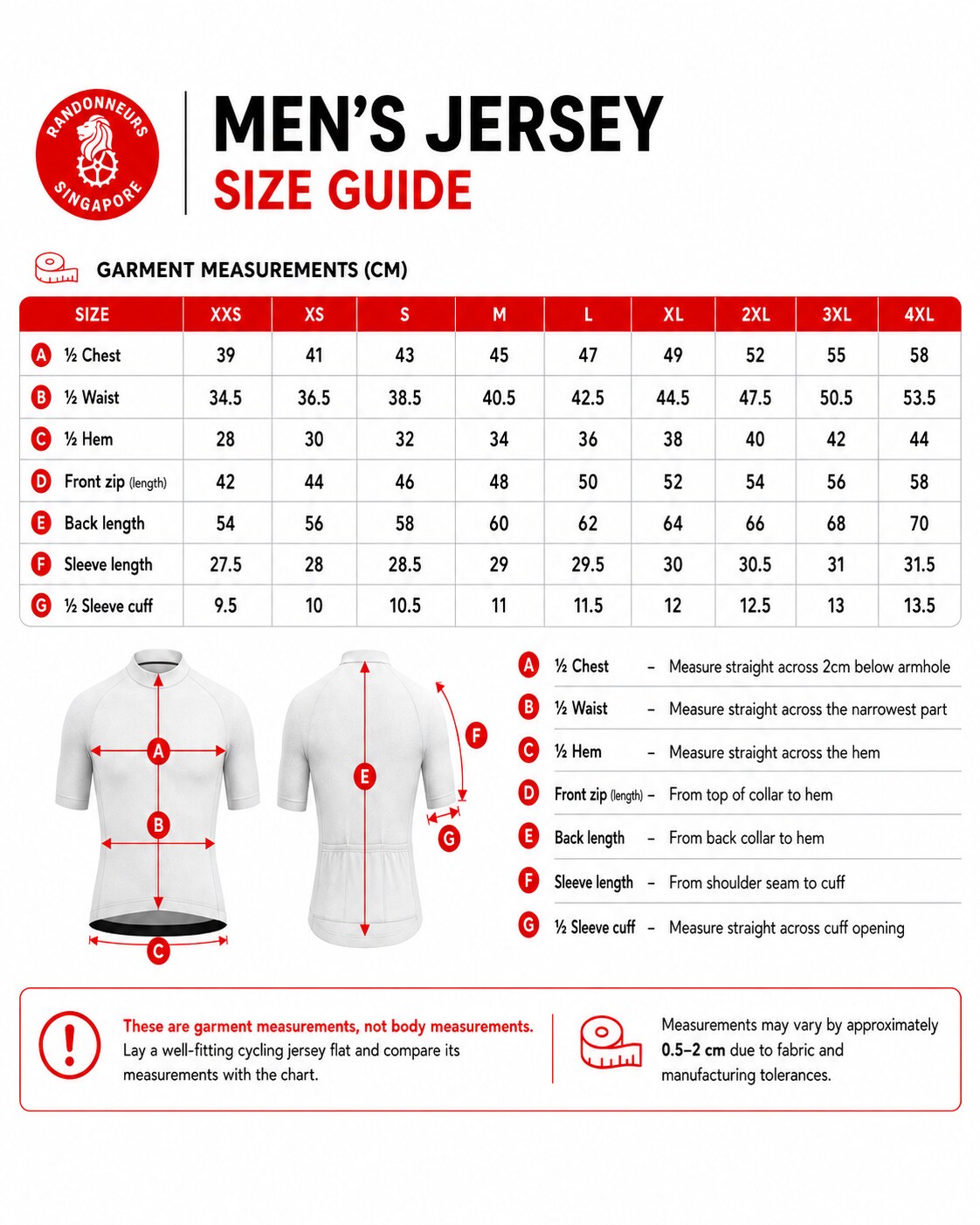 Randonneurs Singapore men's jersey size guide